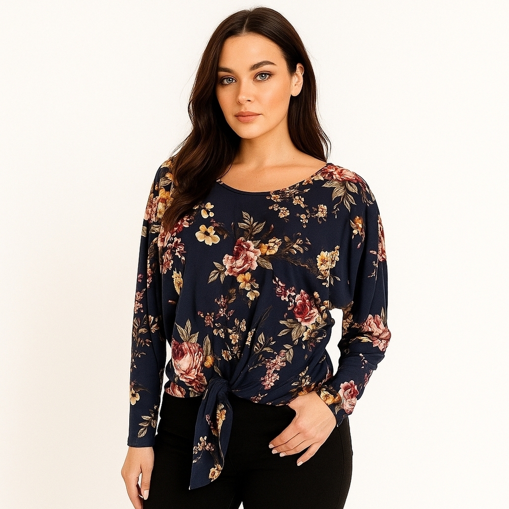 iz Byer Floral Tie Up Long Sleeve Top XS Blue